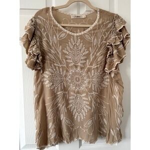 Solitaire Blouse 1X Tan Embroidered Flutter Sleeve Boho Top